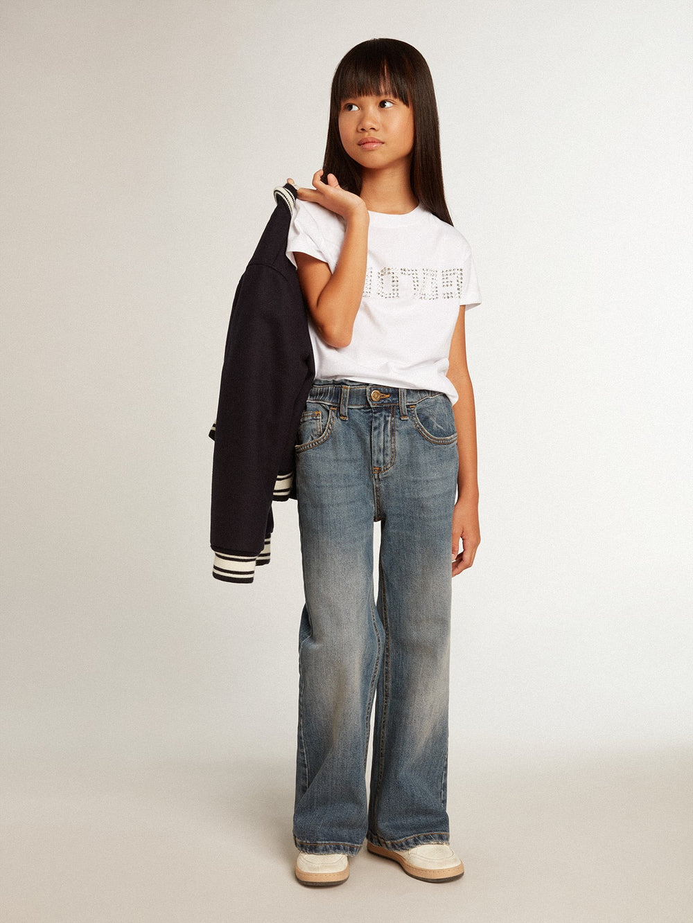Golden Goose White T-shirt with central Golden lettering in crystals