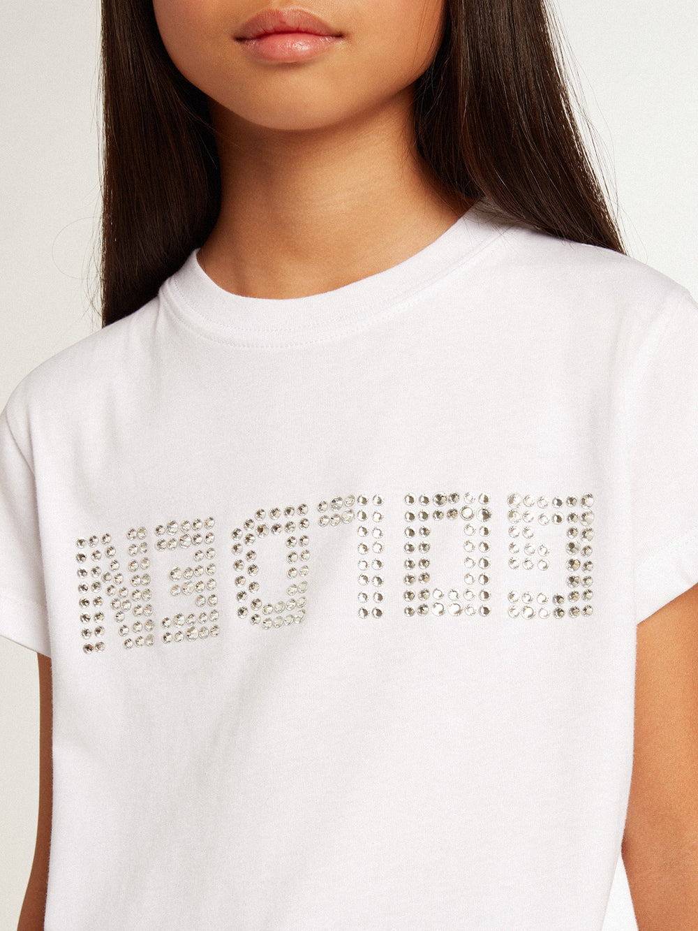 Golden Goose White T-shirt with central Golden lettering in crystals