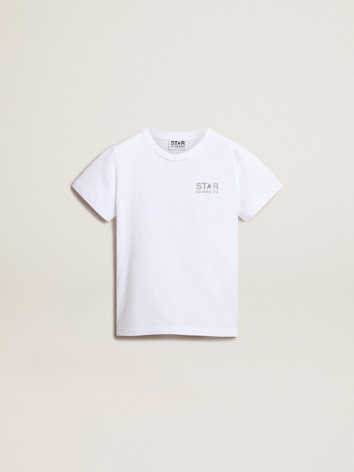 Golden Goose Girls’ white T-shirt with contrasting silver logo and star