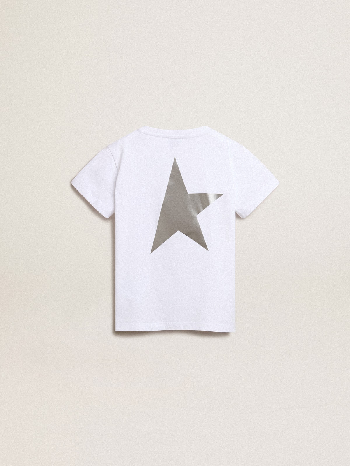 Golden Goose Girls’ white T-shirt with contrasting silver logo and star
