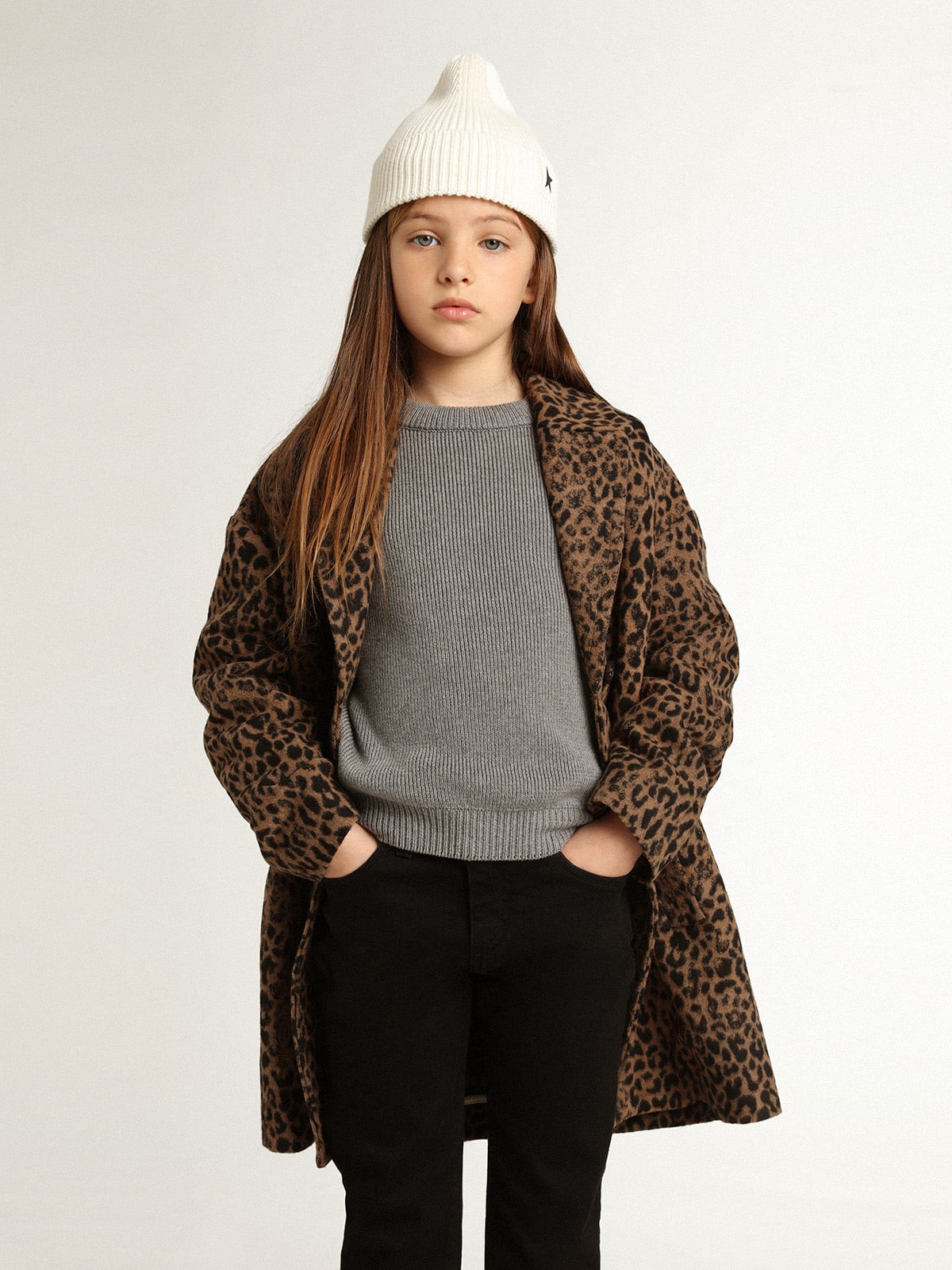 Golden Goose Girls’ single-breasted coat in wool with jacquard animal print