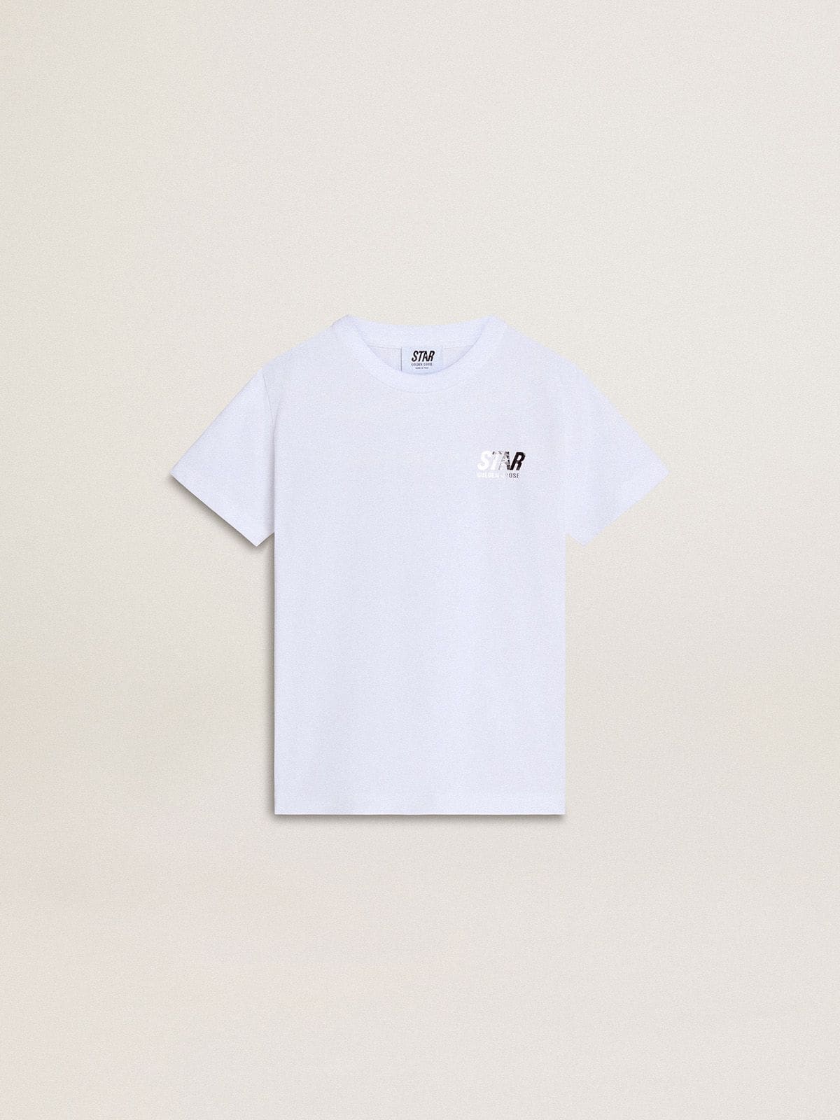 Golden Goose Kids’ white cotton T-shirt with silver print