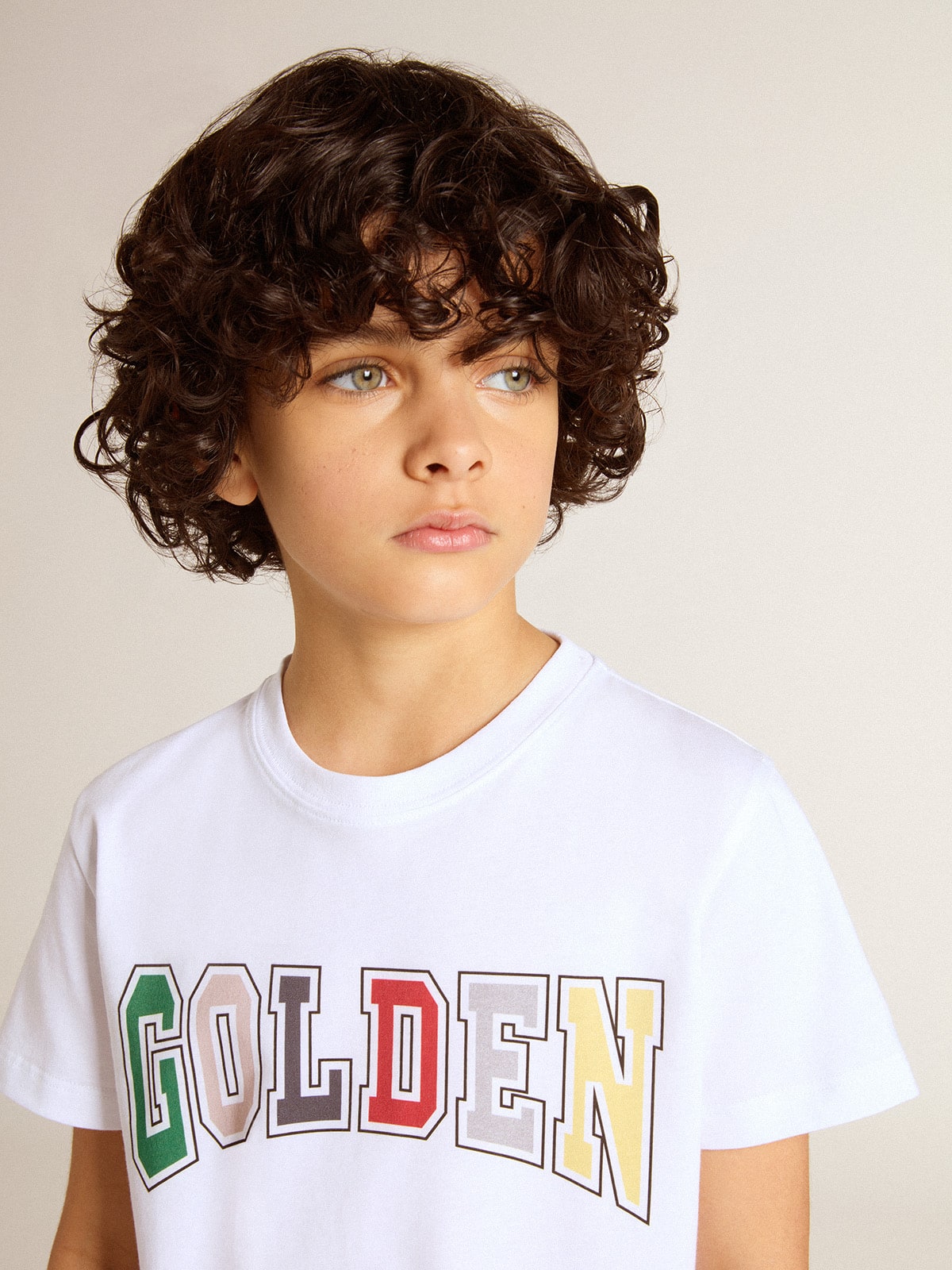 Golden Goose Boys' white T-shirt with multicolored Golden print