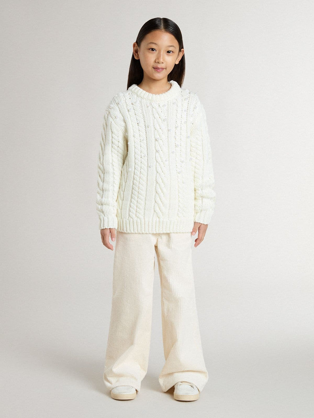Golden Goose Girls' white wool sweater with pearls
