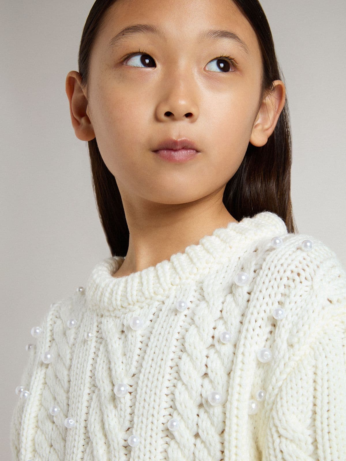 Golden Goose Girls' white wool sweater with pearls