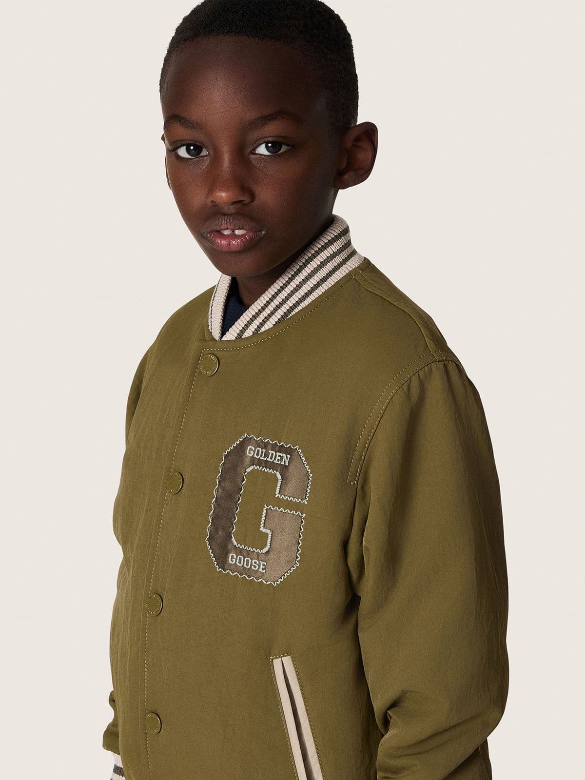 Golden Goose Journey unisex bomber jacket in military-green nylon twill with embroidered patch