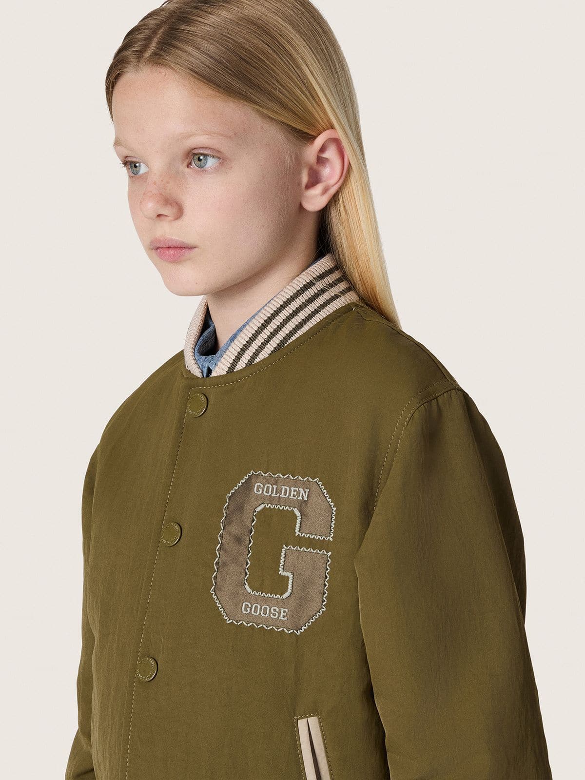Golden Goose Journey unisex bomber jacket in military-green nylon twill with embroidered patch
