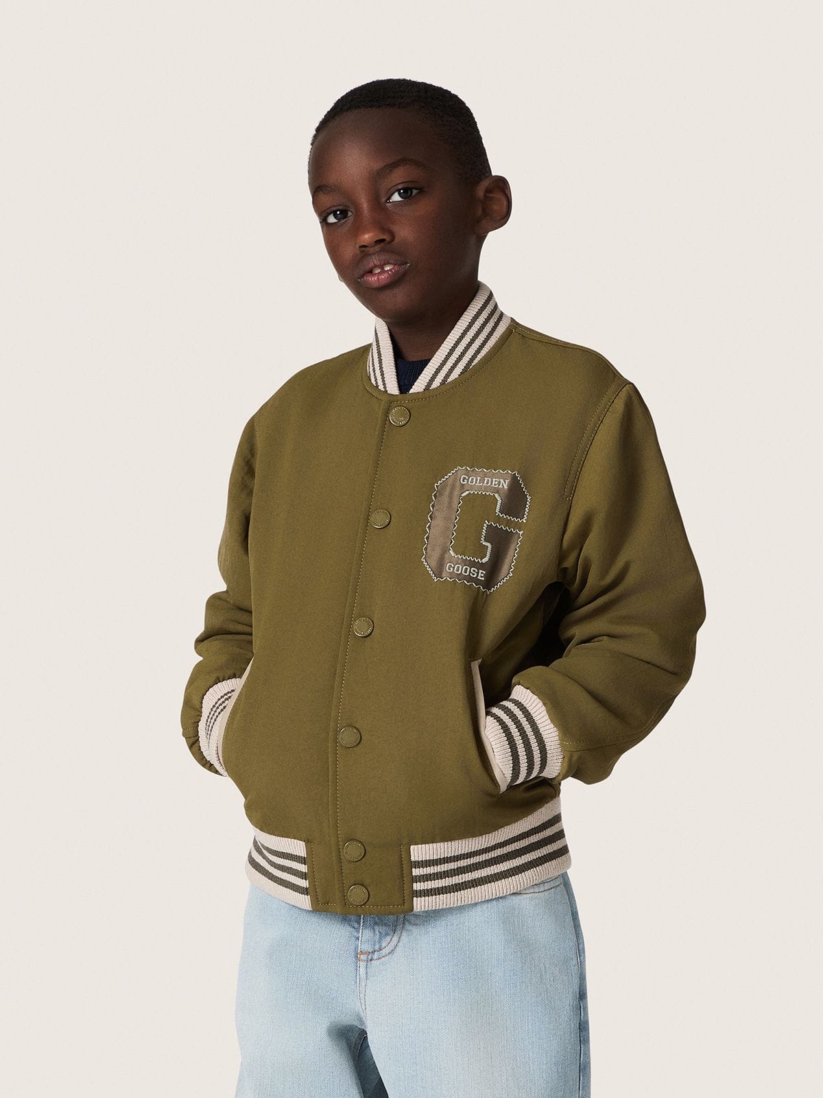 Golden Goose Journey unisex bomber jacket in military-green nylon twill with embroidered patch