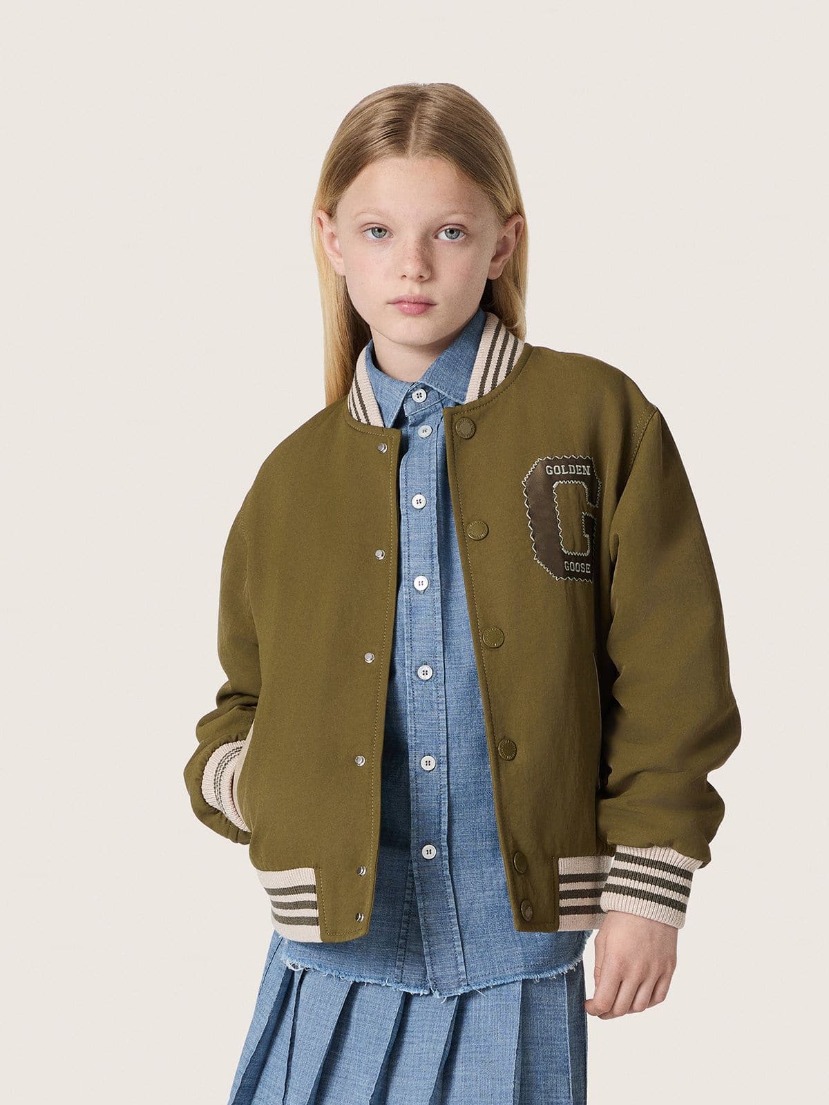 Golden Goose Journey unisex bomber jacket in military-green nylon twill with embroidered patch