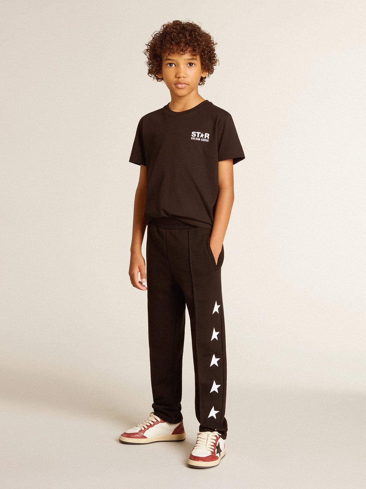 Golden Goose Black T-shirt with contrasting white logo on the front and maxi star on the back