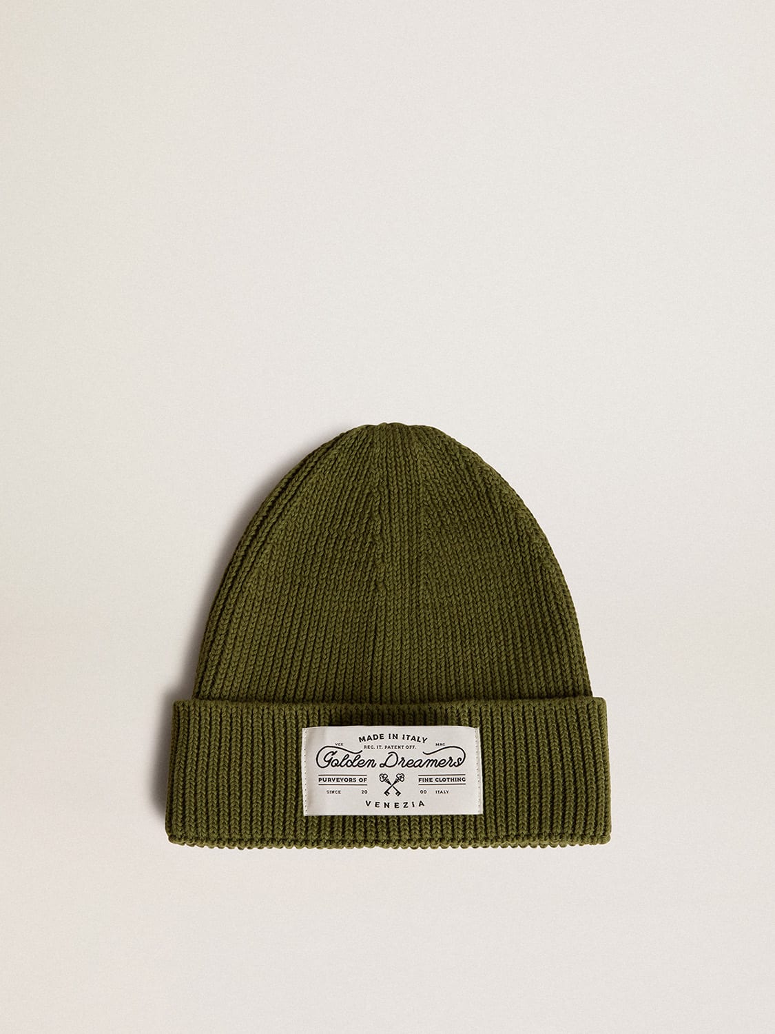 Golden Goose Military-green cotton beanie with appliqué label on the front