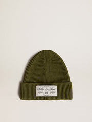 Golden Goose Military-green cotton beanie with appliqué label on the front