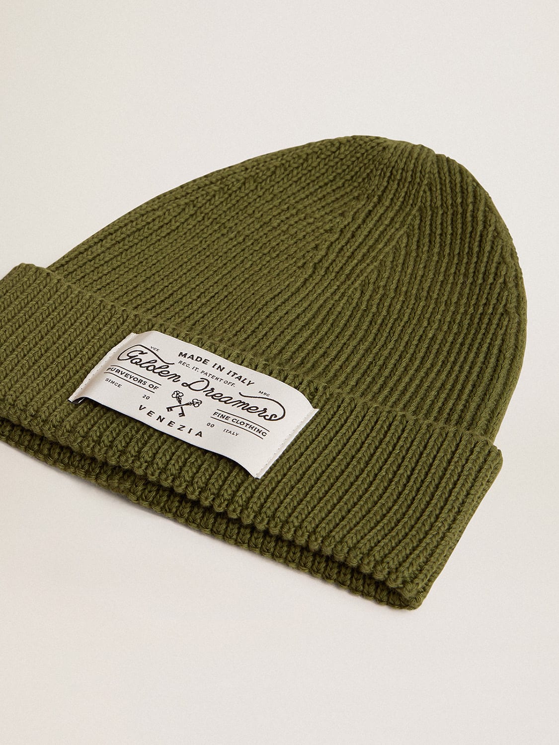 Golden Goose Military-green cotton beanie with appliqué label on the front