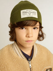 Golden Goose Military-green cotton beanie with appliqué label on the front