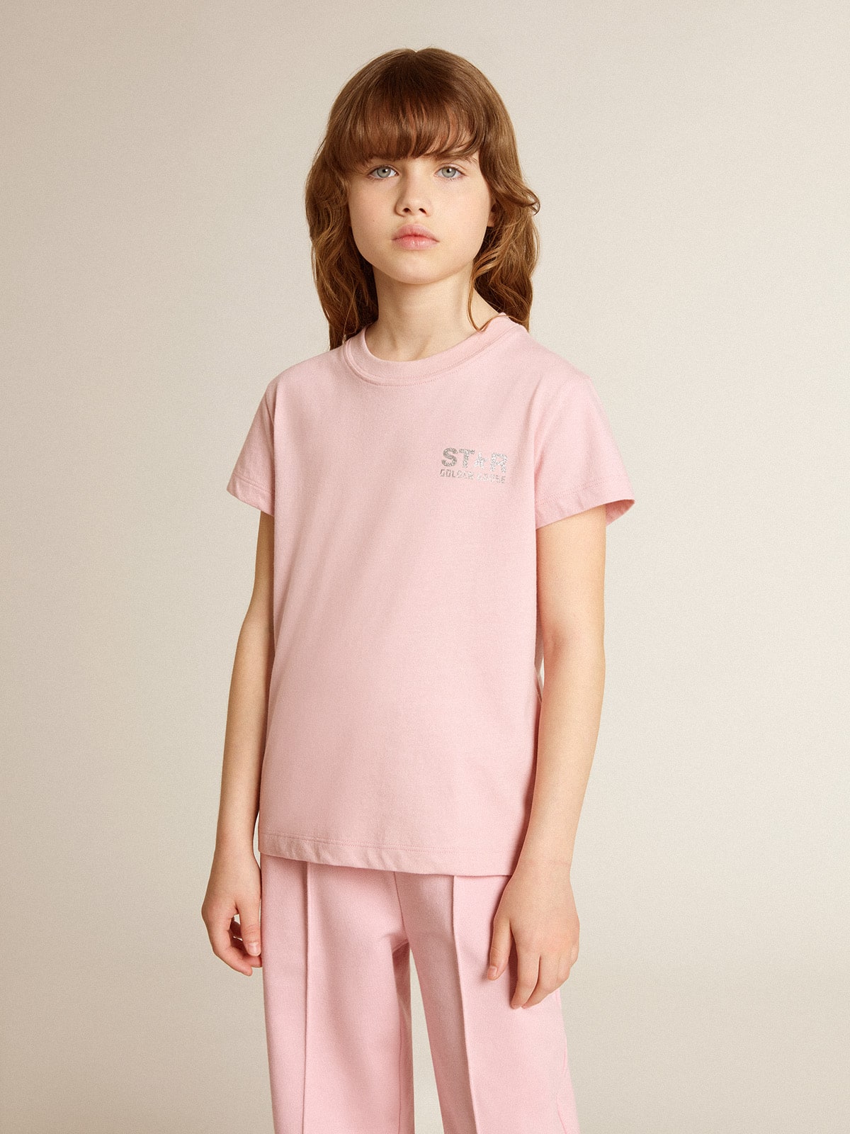 Golden Goose Girls' pink T-shirt with silver glitter logo and maxi star