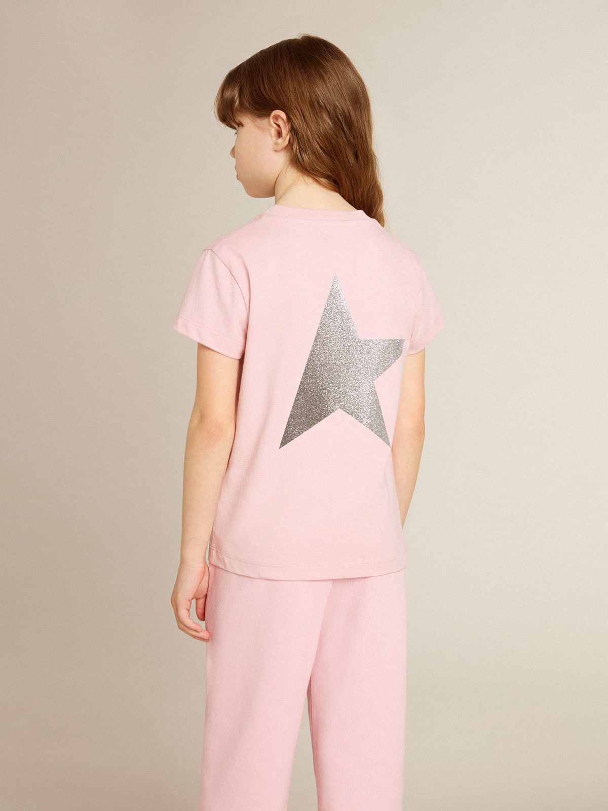 Golden Goose Girls' pink T-shirt with silver glitter logo and maxi star