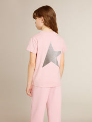 Golden Goose Girls' pink T-shirt with silver glitter logo and maxi star