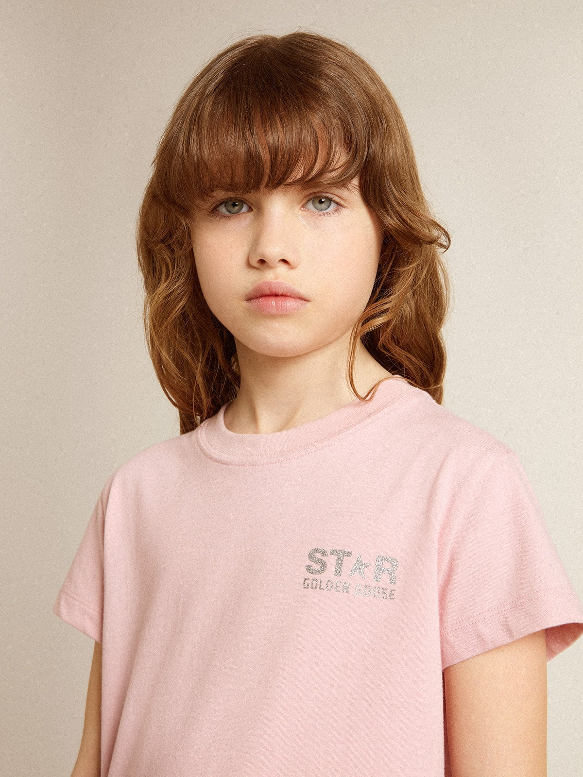 Golden Goose Girls' pink T-shirt with silver glitter logo and maxi star