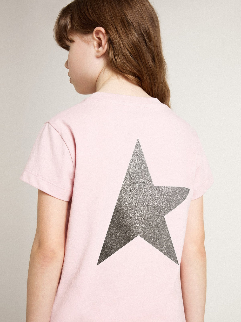 Golden Goose Girls' pink T-shirt with silver glitter logo and maxi star