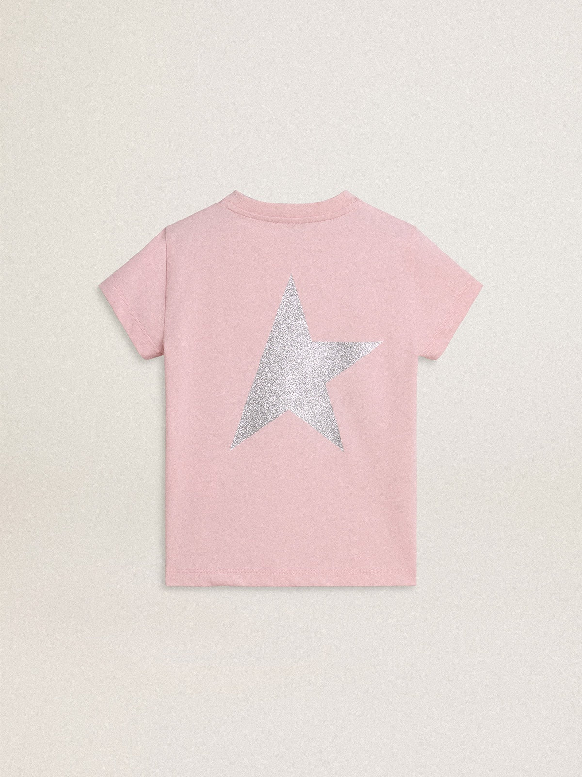 Golden Goose Girls' pink T-shirt with silver glitter logo and maxi star