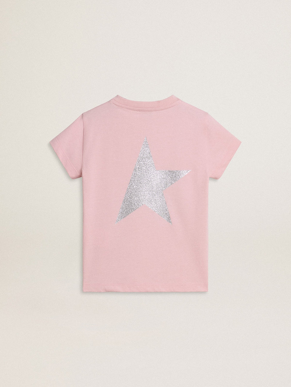 Golden Goose Girls' pink T-shirt with silver glitter logo and maxi star