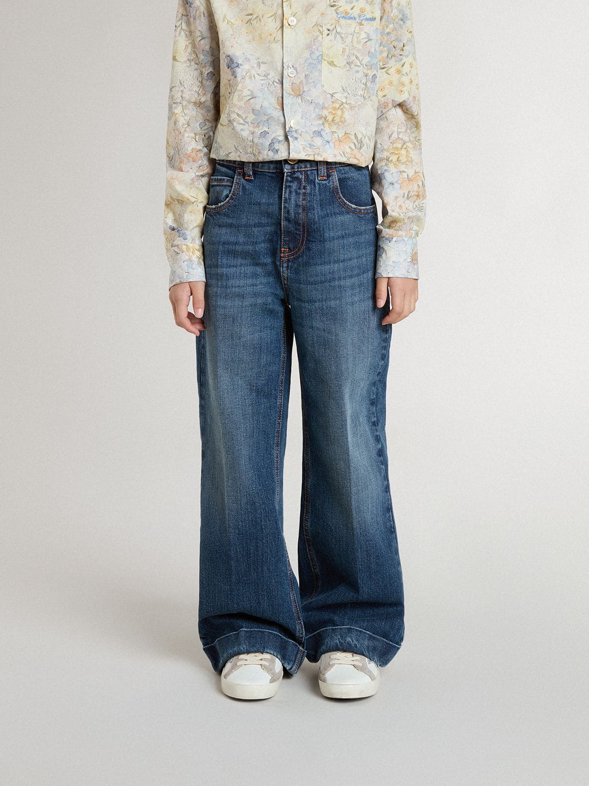 Golden Goose Girls' bootcut jeans with a medium wash and embroidery