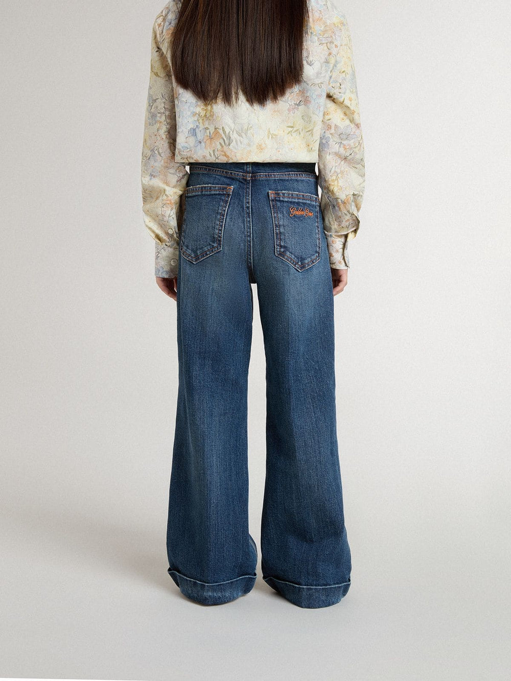 Golden Goose Girls' bootcut jeans with a medium wash and embroidery