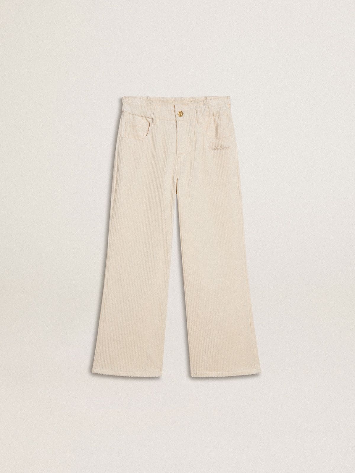 Golden Goose Girls’ wide ribbed cream-colored trousers with embroidery