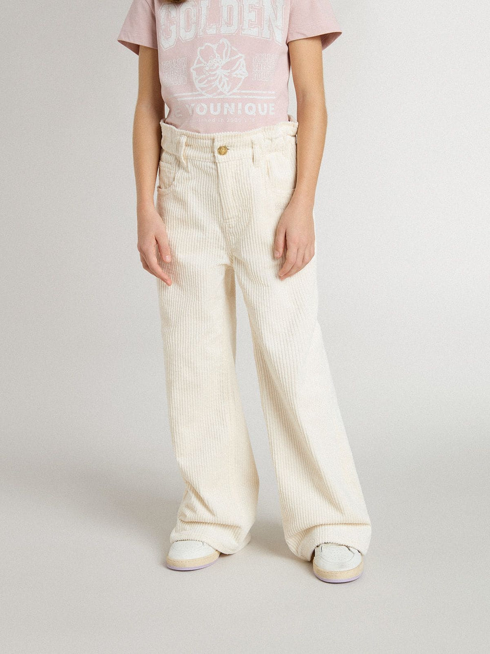 Golden Goose Girls’ wide ribbed cream-colored trousers with embroidery