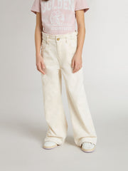 Golden Goose Girls’ wide ribbed cream-colored trousers with embroidery