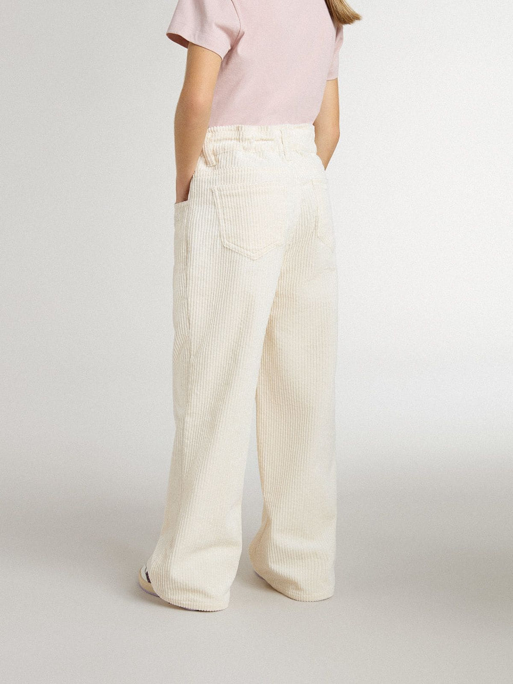 Golden Goose Girls’ wide ribbed cream-colored trousers with embroidery