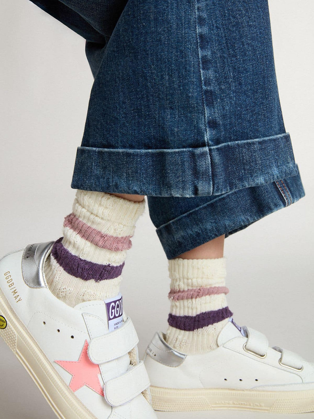 Golden Goose Kids’ white socks with pink and purple stripes