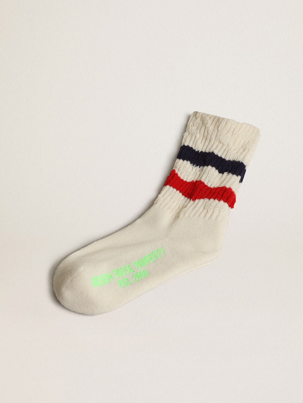Golden Goose Socks in distressed-finish white cotton with red and navy stripes