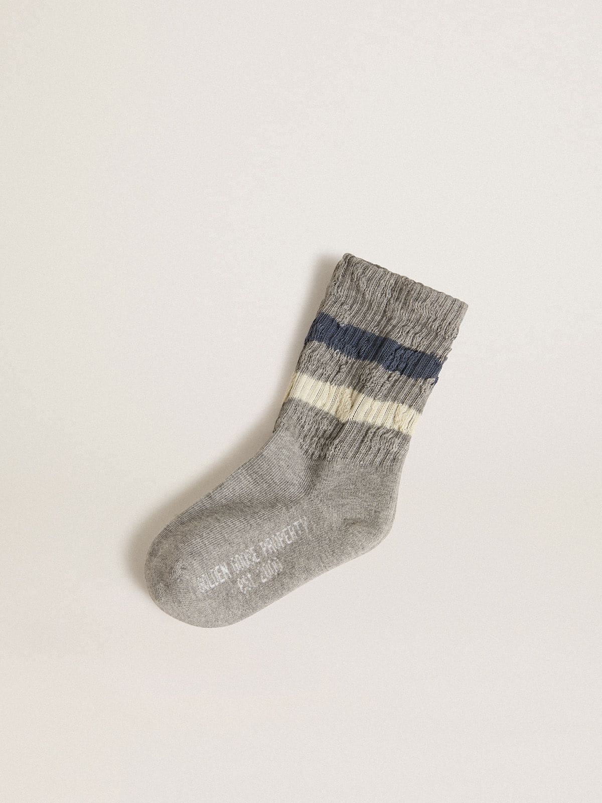 Golden Goose Kids’ gray socks with distressed details and worn-white and blue stripes