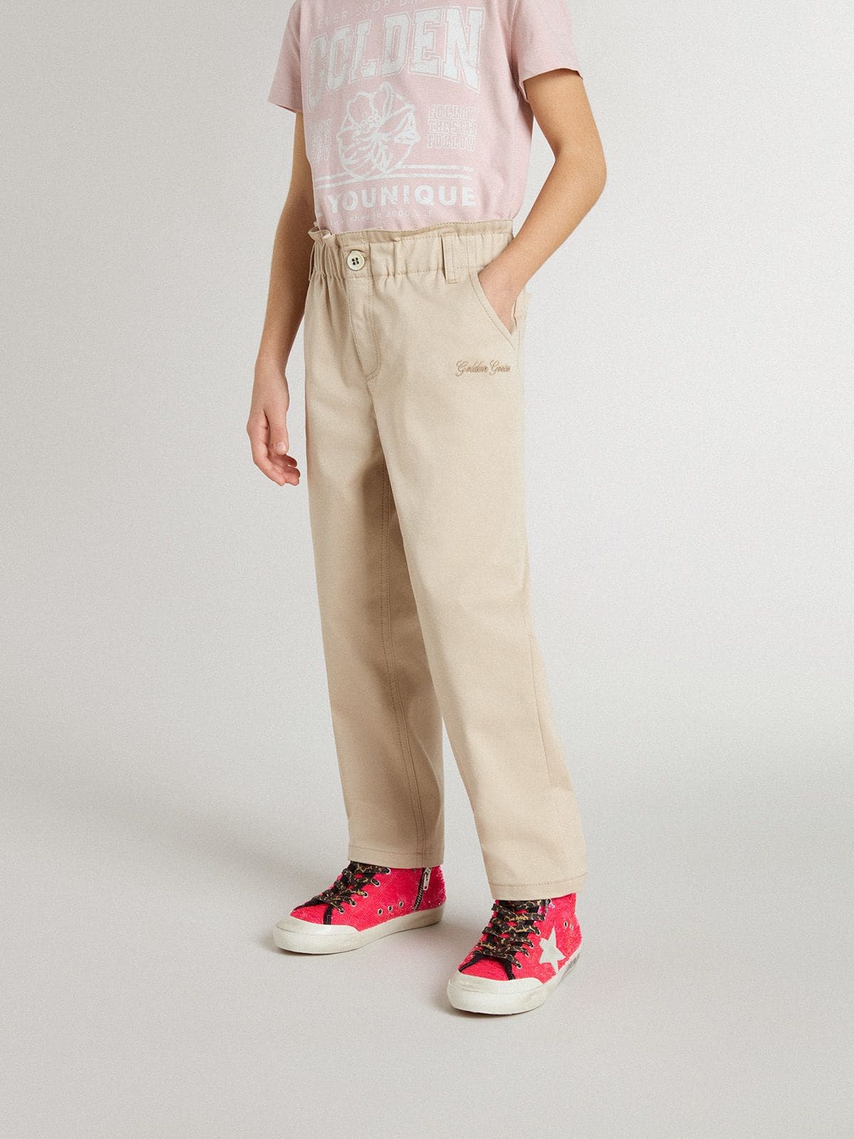 Golden Goose Girls' beige cotton pants with embroidery