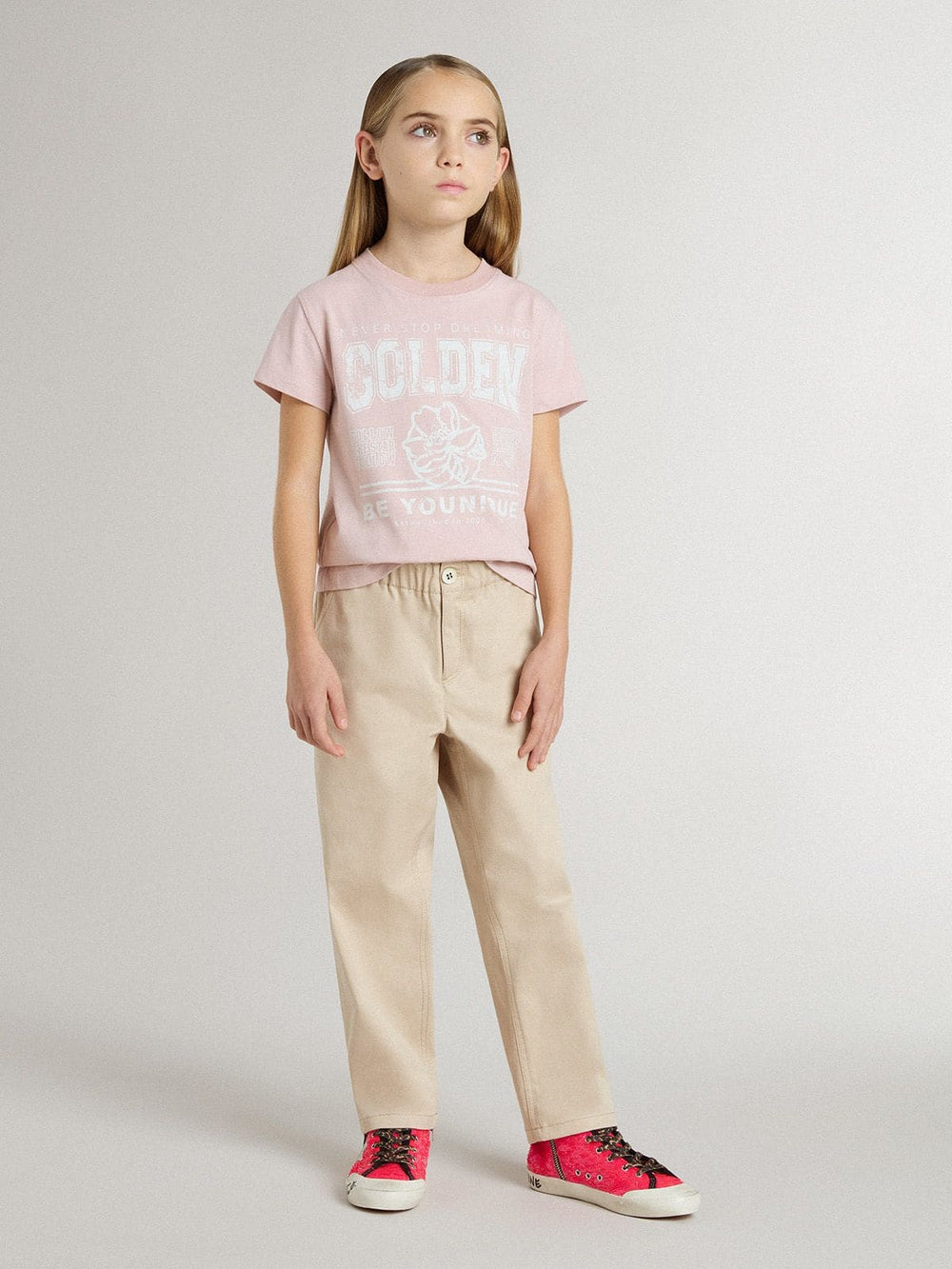 Golden Goose Girls' beige cotton pants with embroidery
