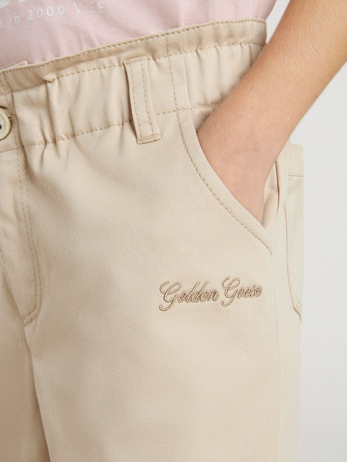 Golden Goose Girls' beige cotton pants with embroidery