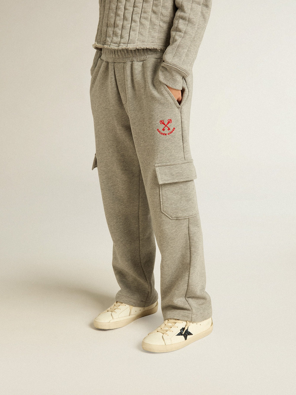 Golden Goose Gray melange cotton cargo joggers with embroidery