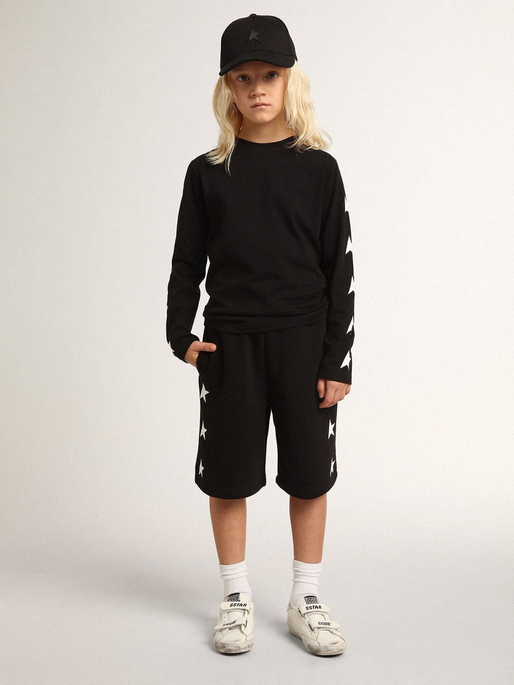 Golden Goose Boys’ black Bermuda shorts with white stars