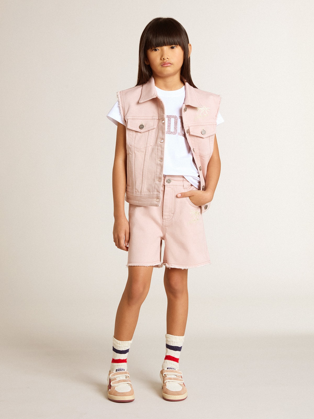 Golden Goose Girls' pink cotton shorts with embroidery