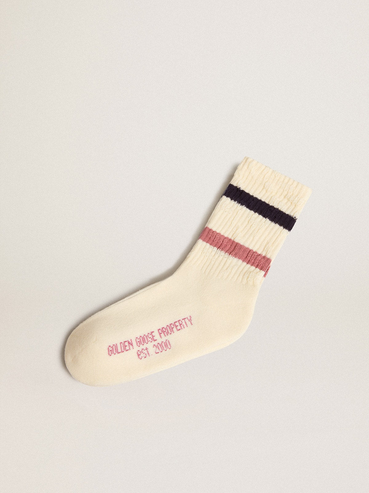 Golden Goose Worn white Kids socks with distressed details and two-tone lilac and blue stripes