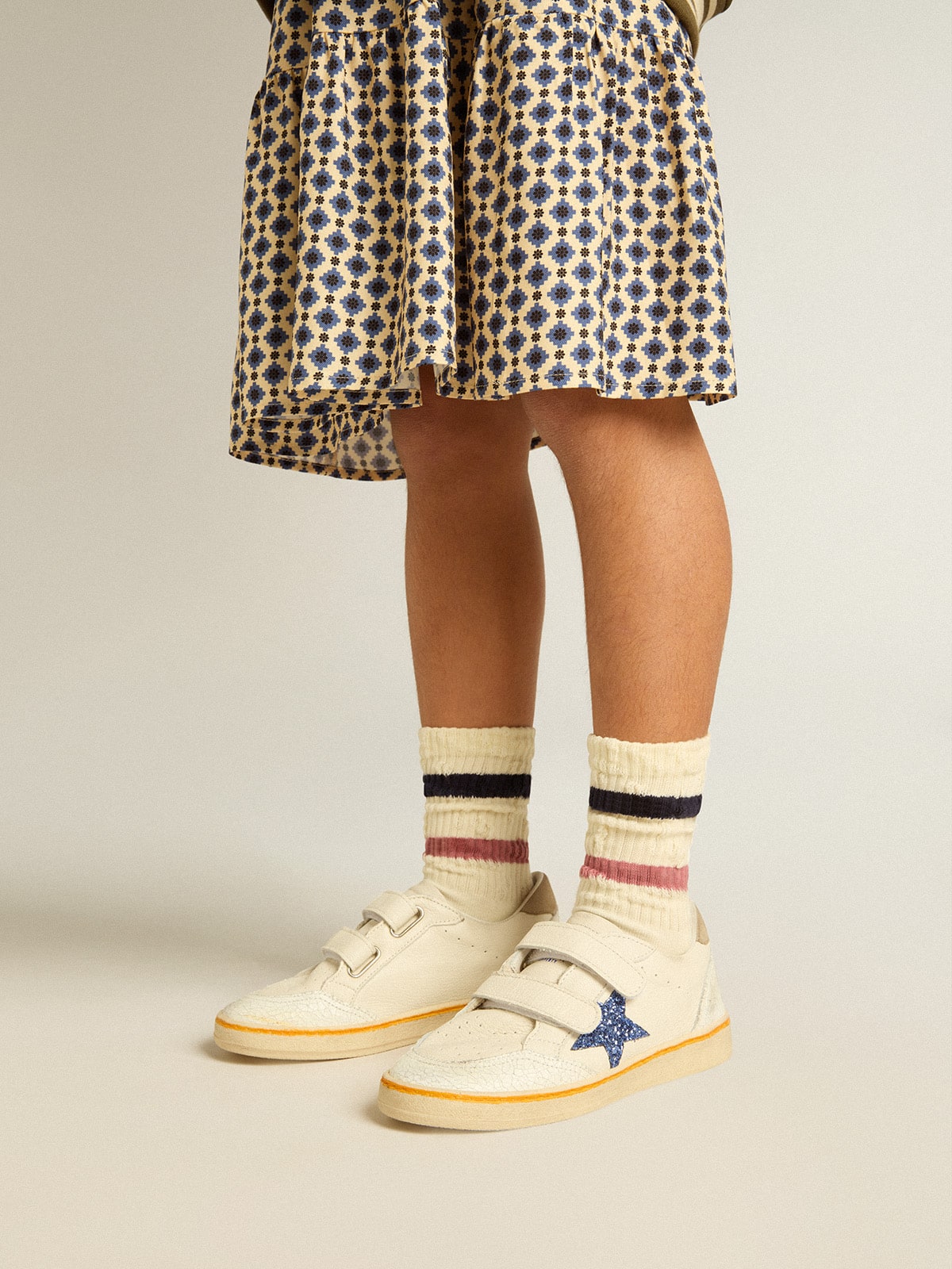 Golden Goose Worn white Kids socks with distressed details and two-tone lilac and blue stripes