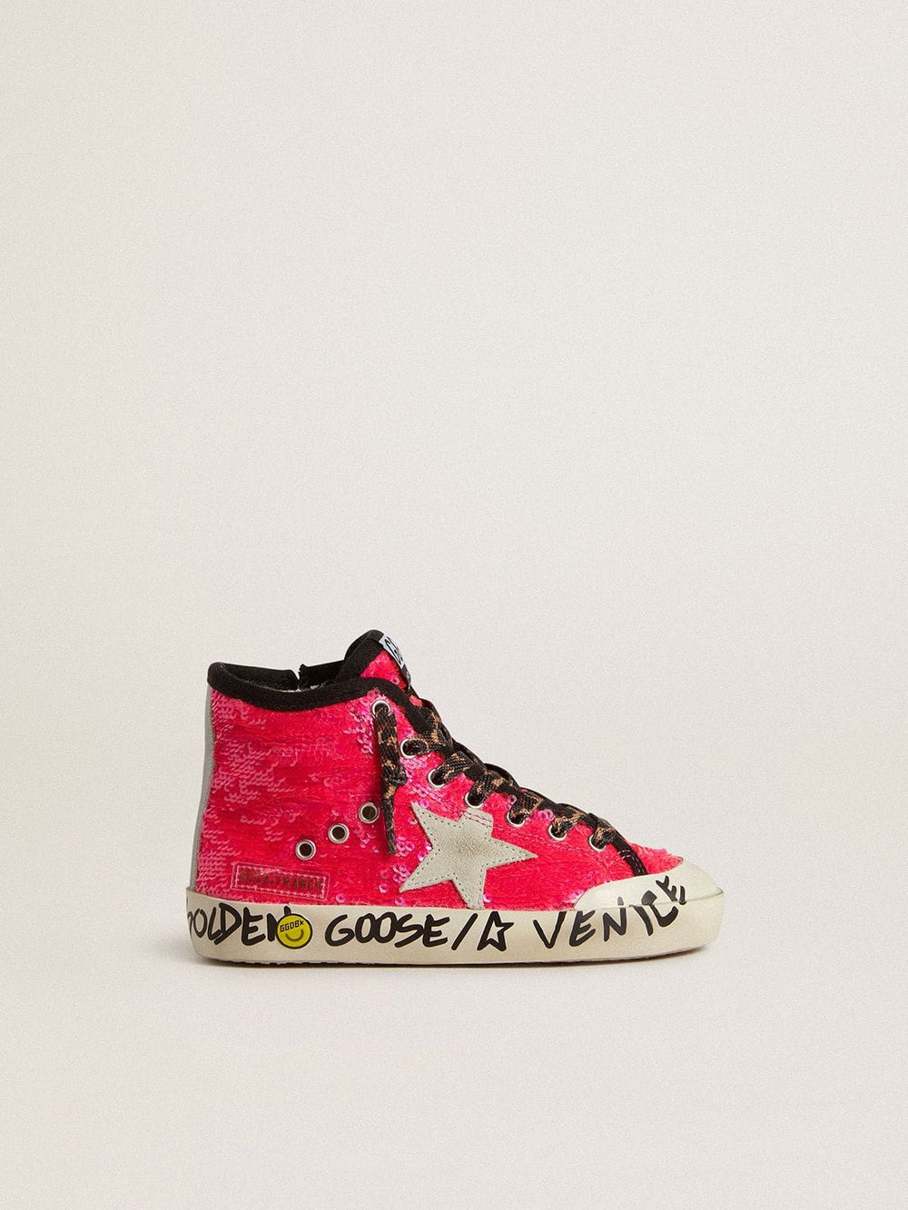 Golden Goose Junior Francy in sequins with ice-gray suede star and animal-print laces