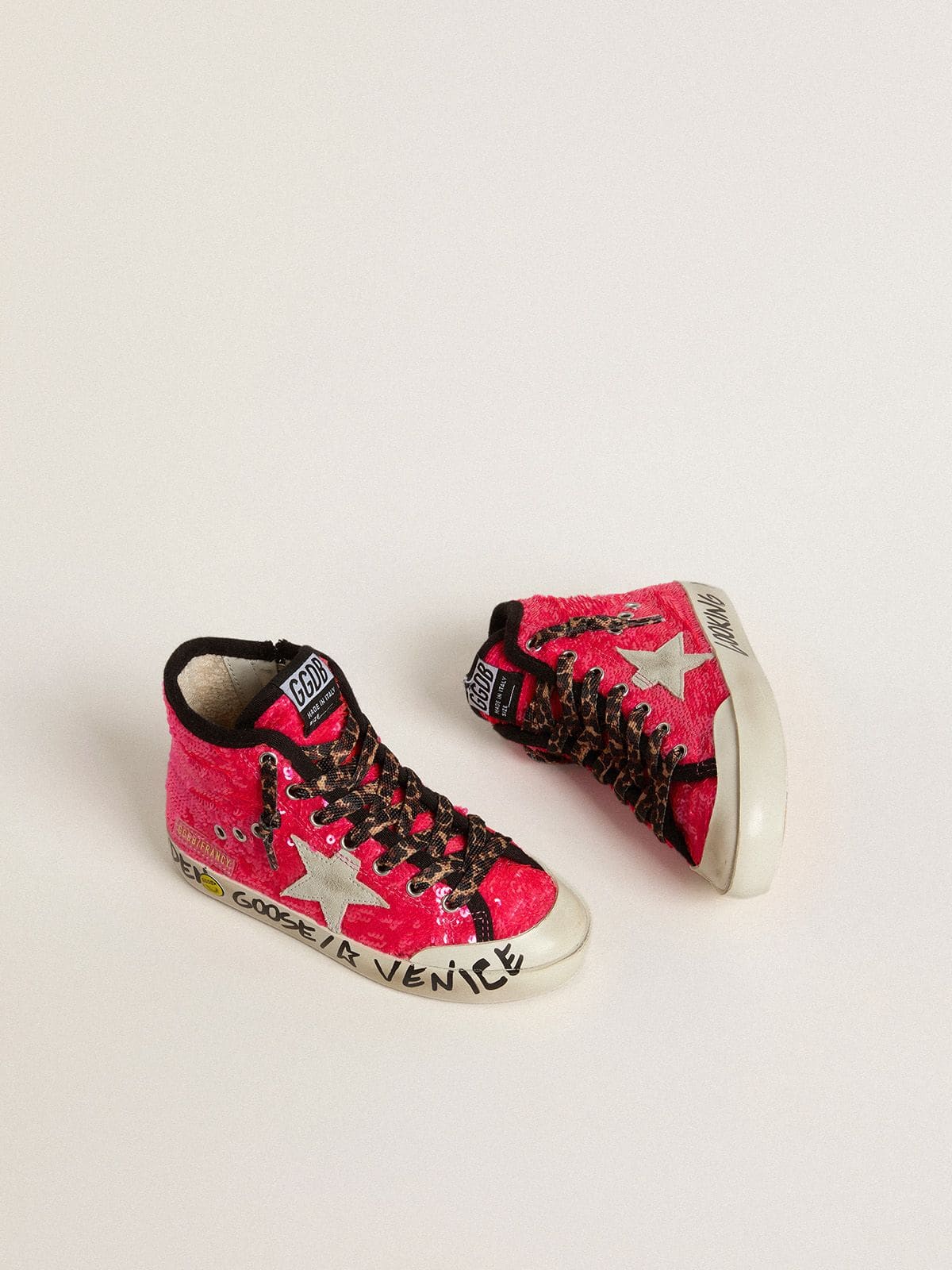 Golden Goose Junior Francy in sequins with ice-gray suede star and animal-print laces