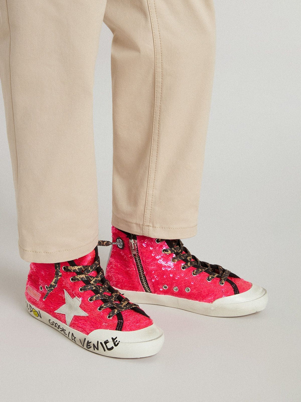 Golden Goose Junior Francy in sequins with ice-gray suede star and animal-print laces