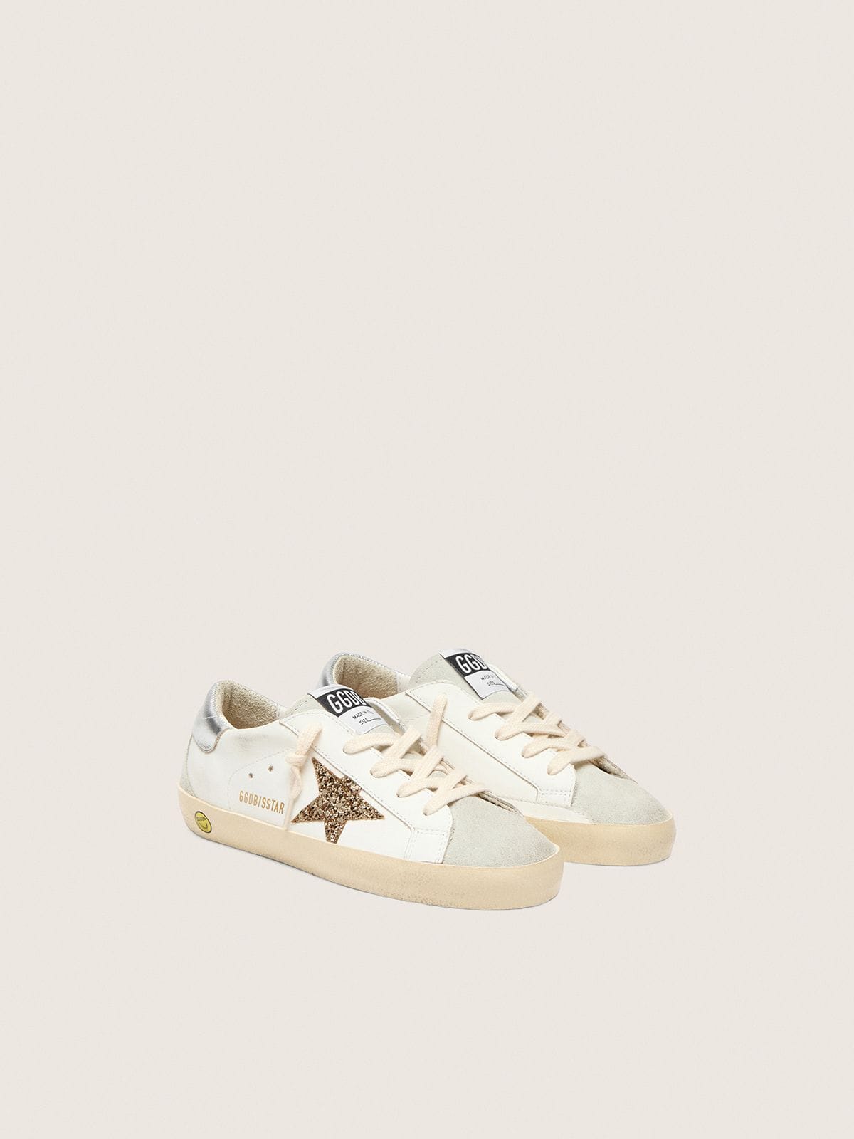 Golden Goose Junior Super-Star with gold glitter star and silver metallic leather heel tab
