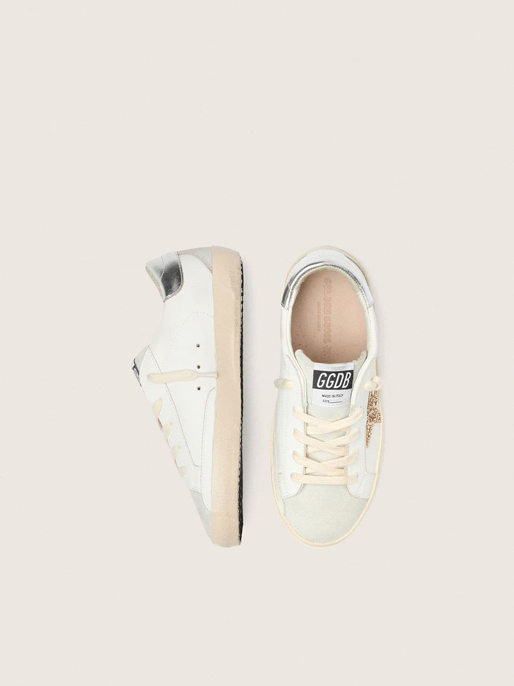 Golden Goose Junior Super-Star with gold glitter star and silver metallic leather heel tab