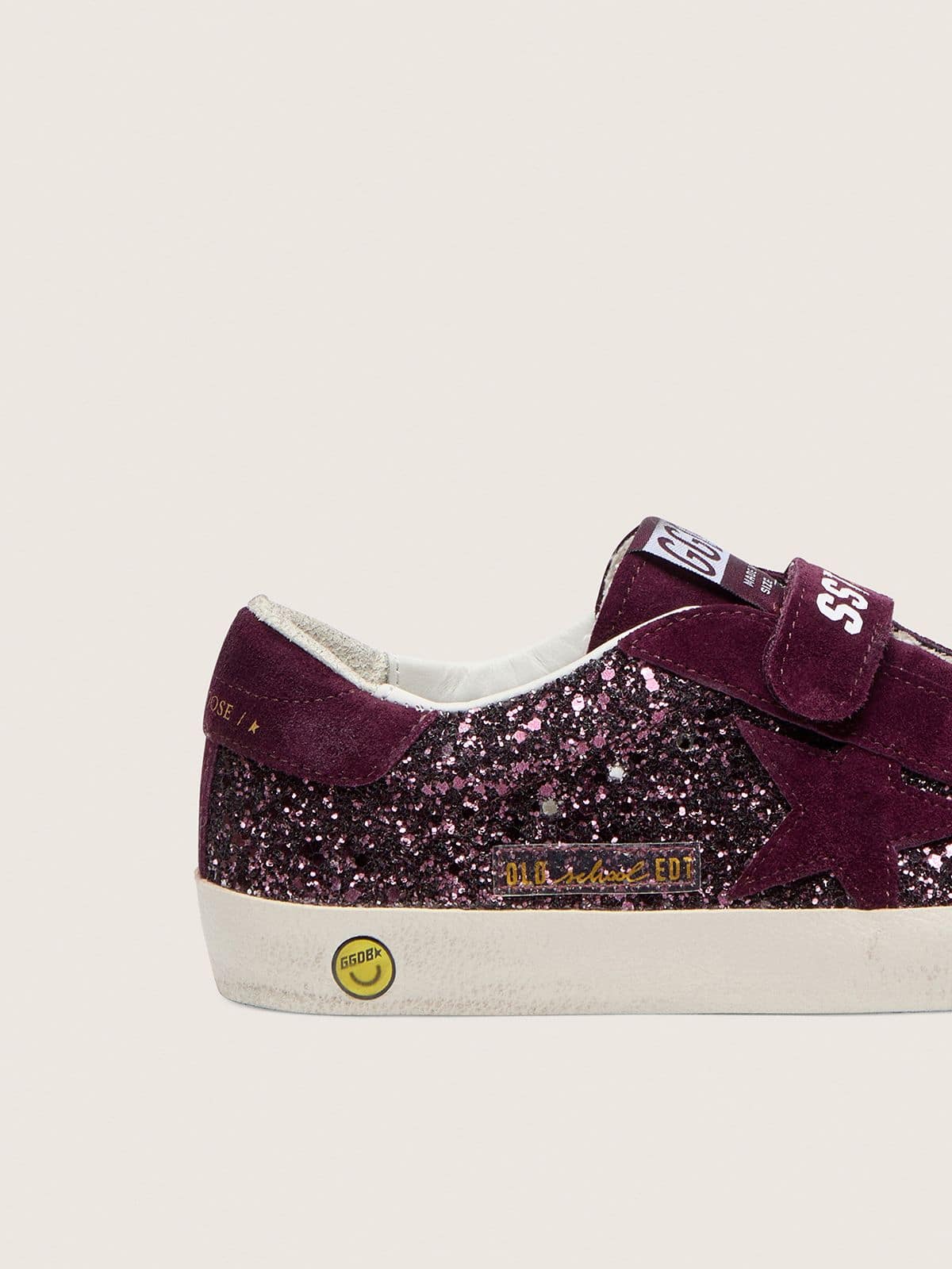 Golden Goose Junior Old School in burgundy glitter with burgundy suede star and heel tab