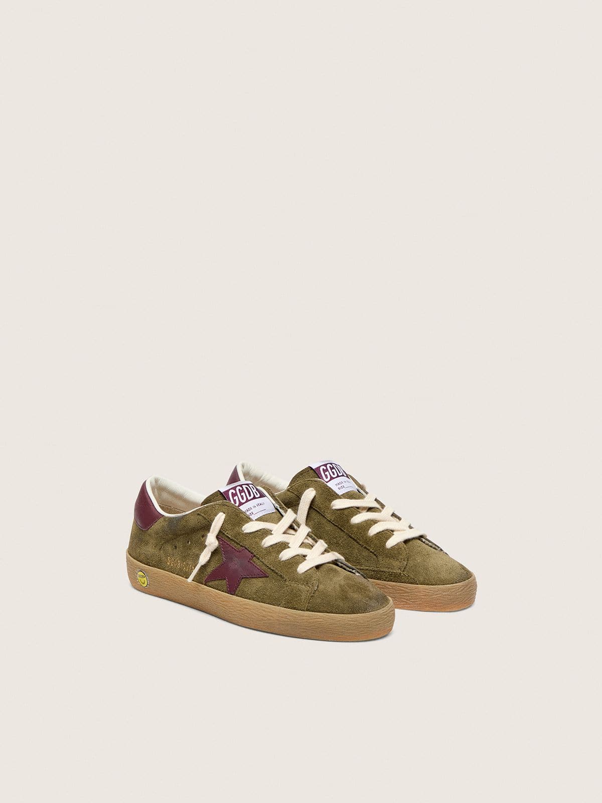 Golden Goose Junior Super-Star in military-green suede with burgundy leather star and heel tab