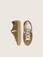 Golden Goose Junior Super-Star in military-green suede with burgundy leather star and heel tab